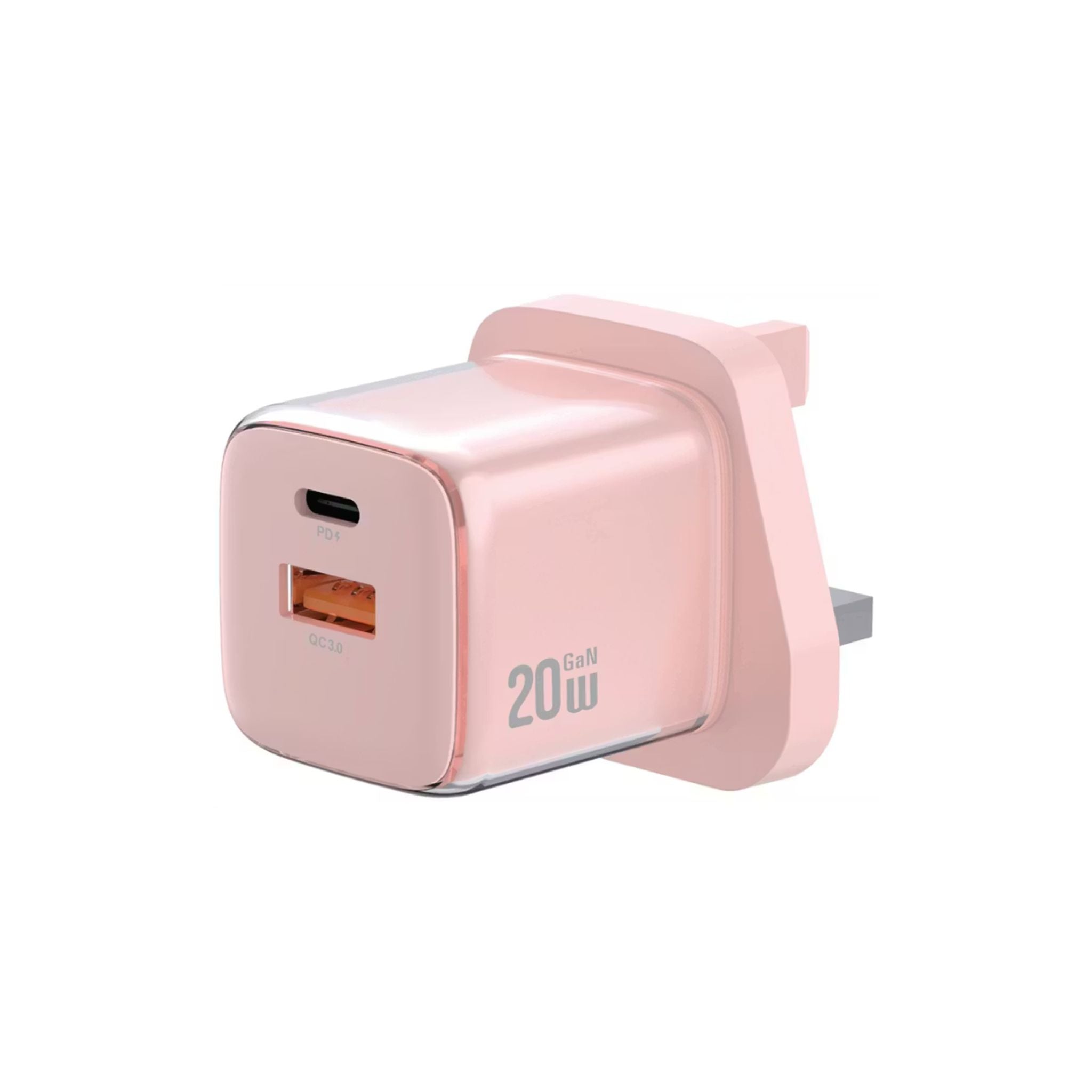 Rose gold USB charger with '20W' marking on a white background