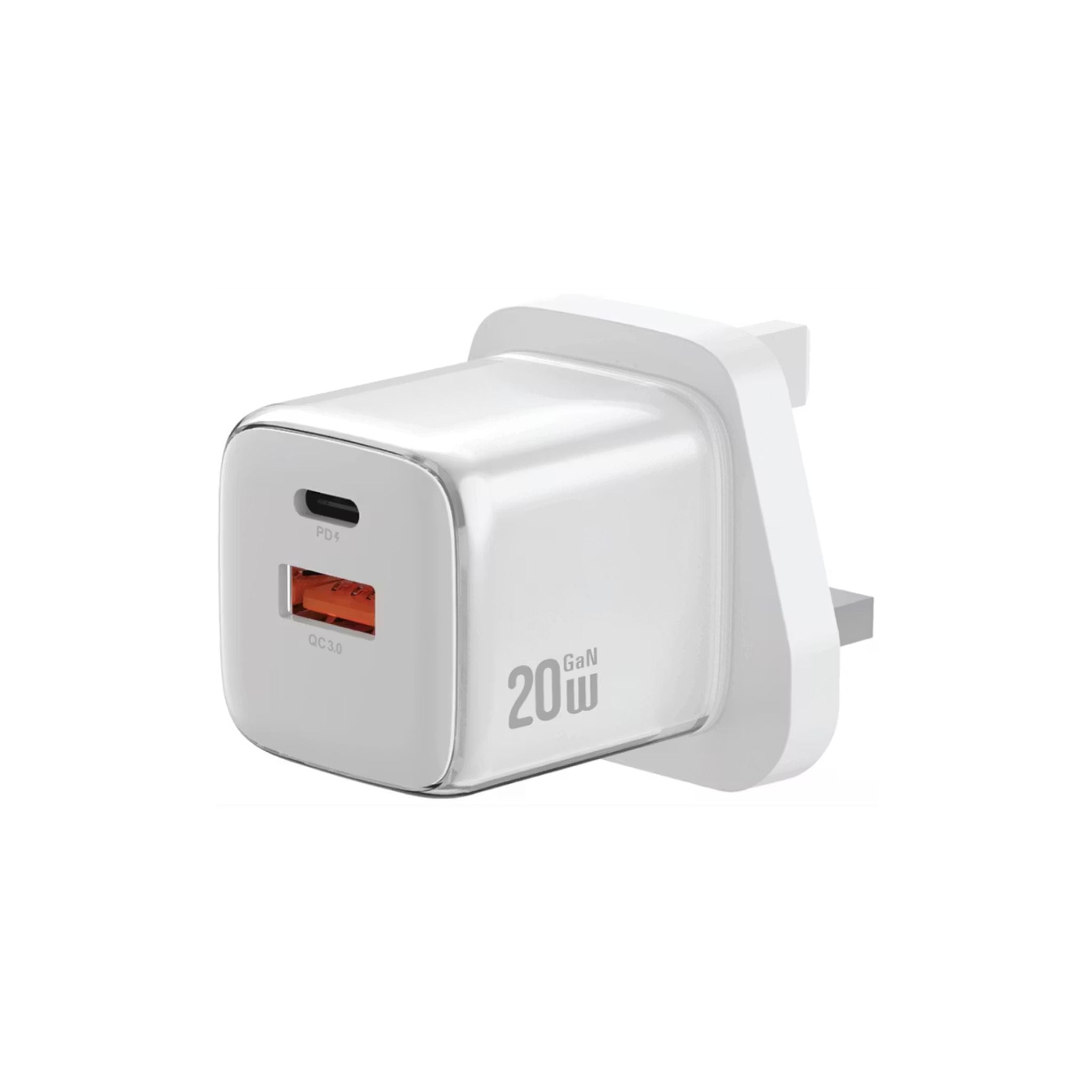 White power adapter with USB-C port and '20W' label on a white background