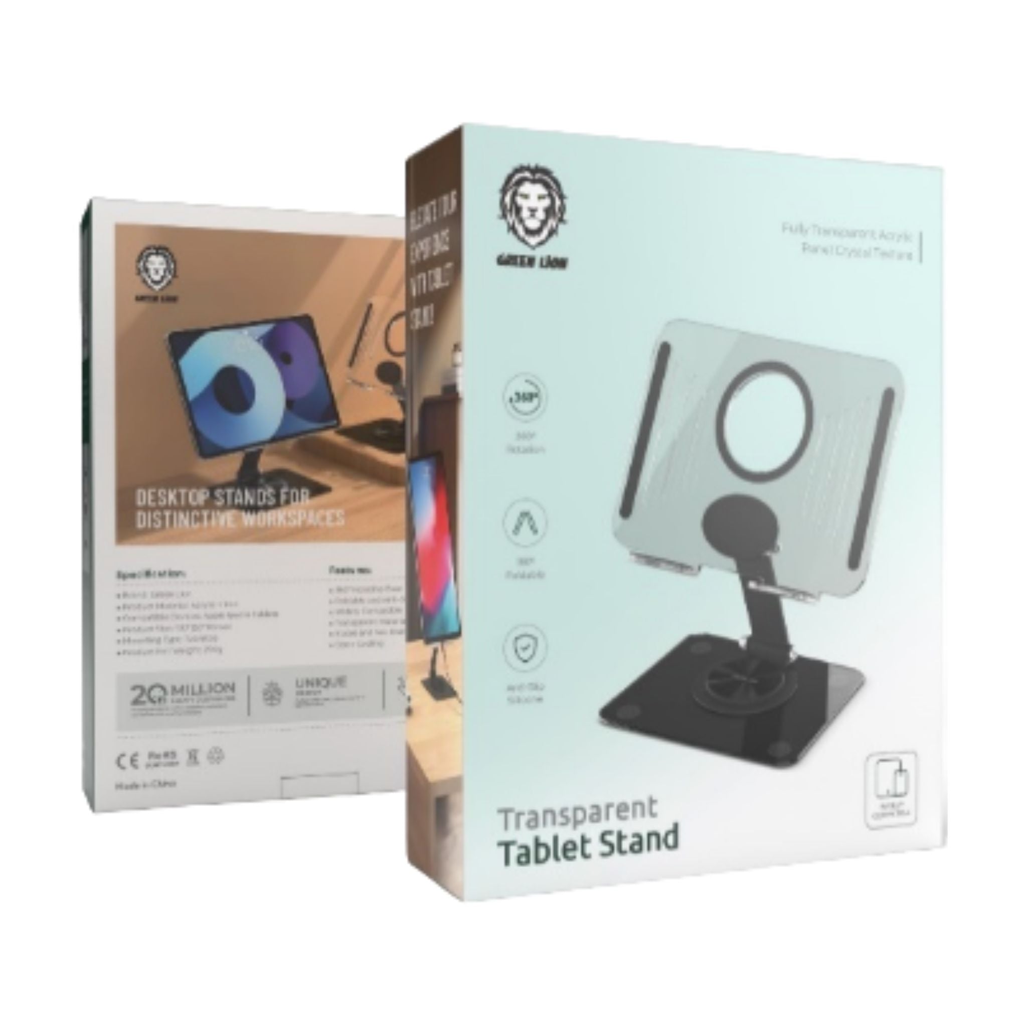 Green Lion Transparent Tablet Stand with 360° Rotating Base, 180° Foldable, Anti-Slip Silicone, 360° Rotating Base - Black