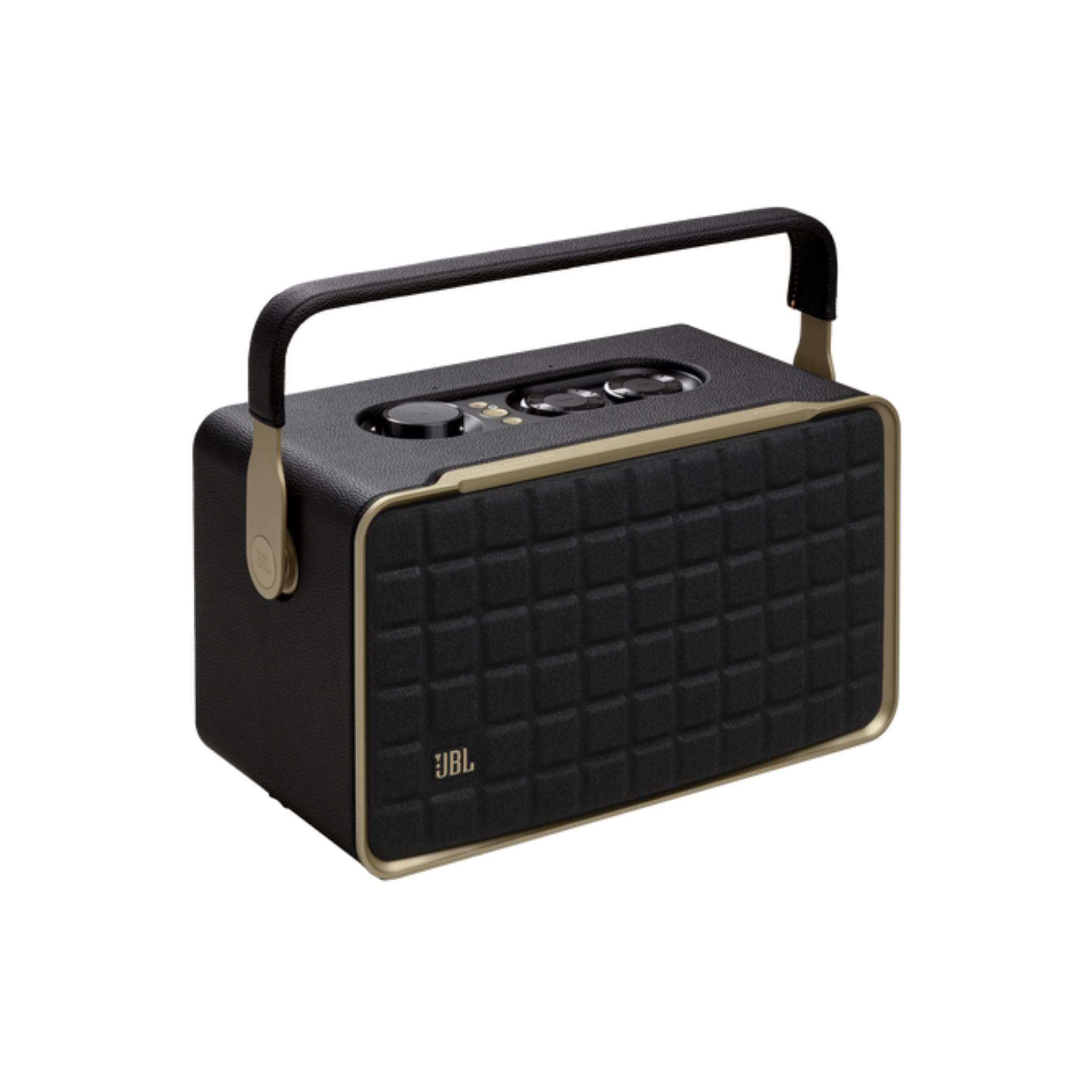 Black and gold JBL portable speaker on a white background