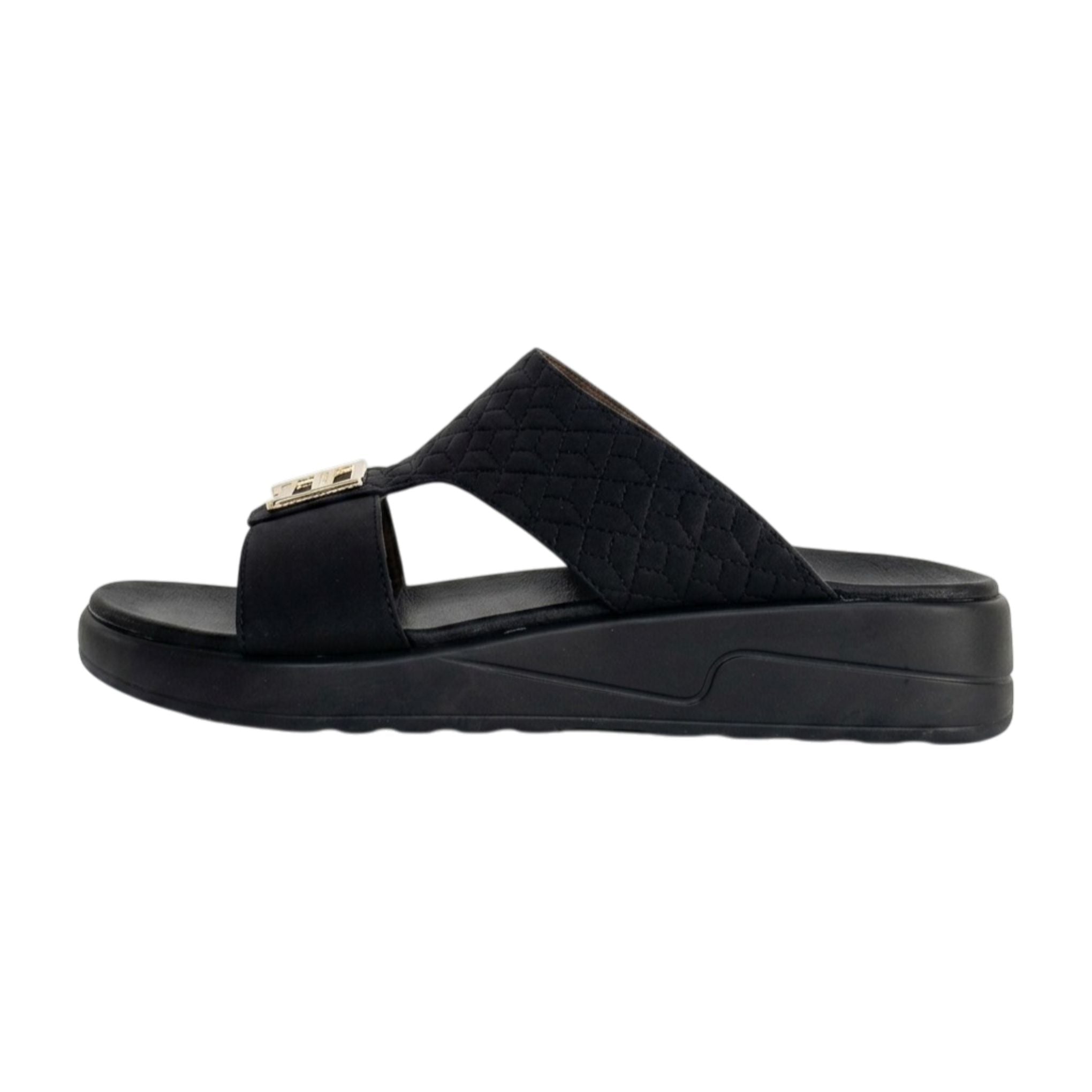 Black sandal with a gold logo on a white background
