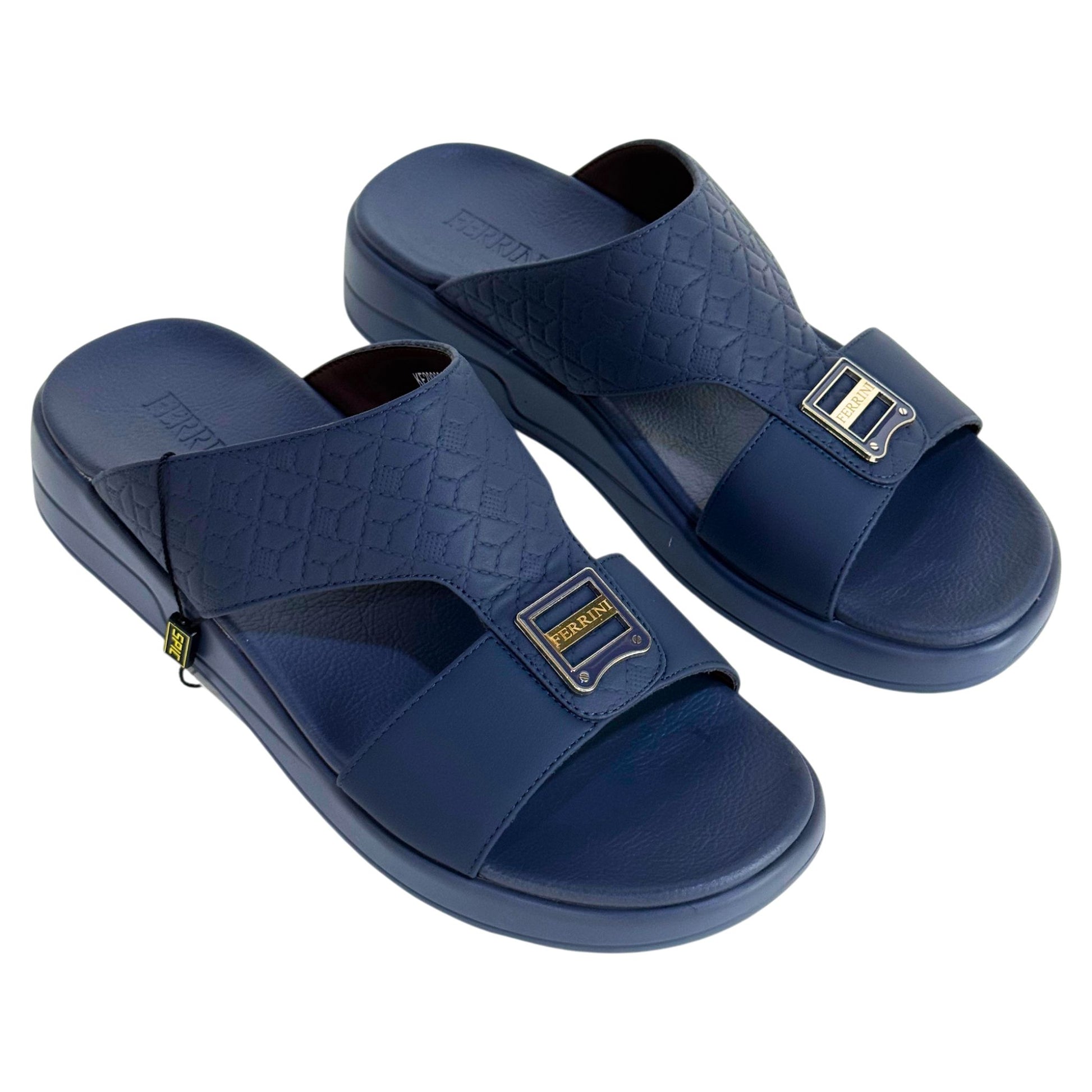 Pair of blue sandals with a brand logo on a white background