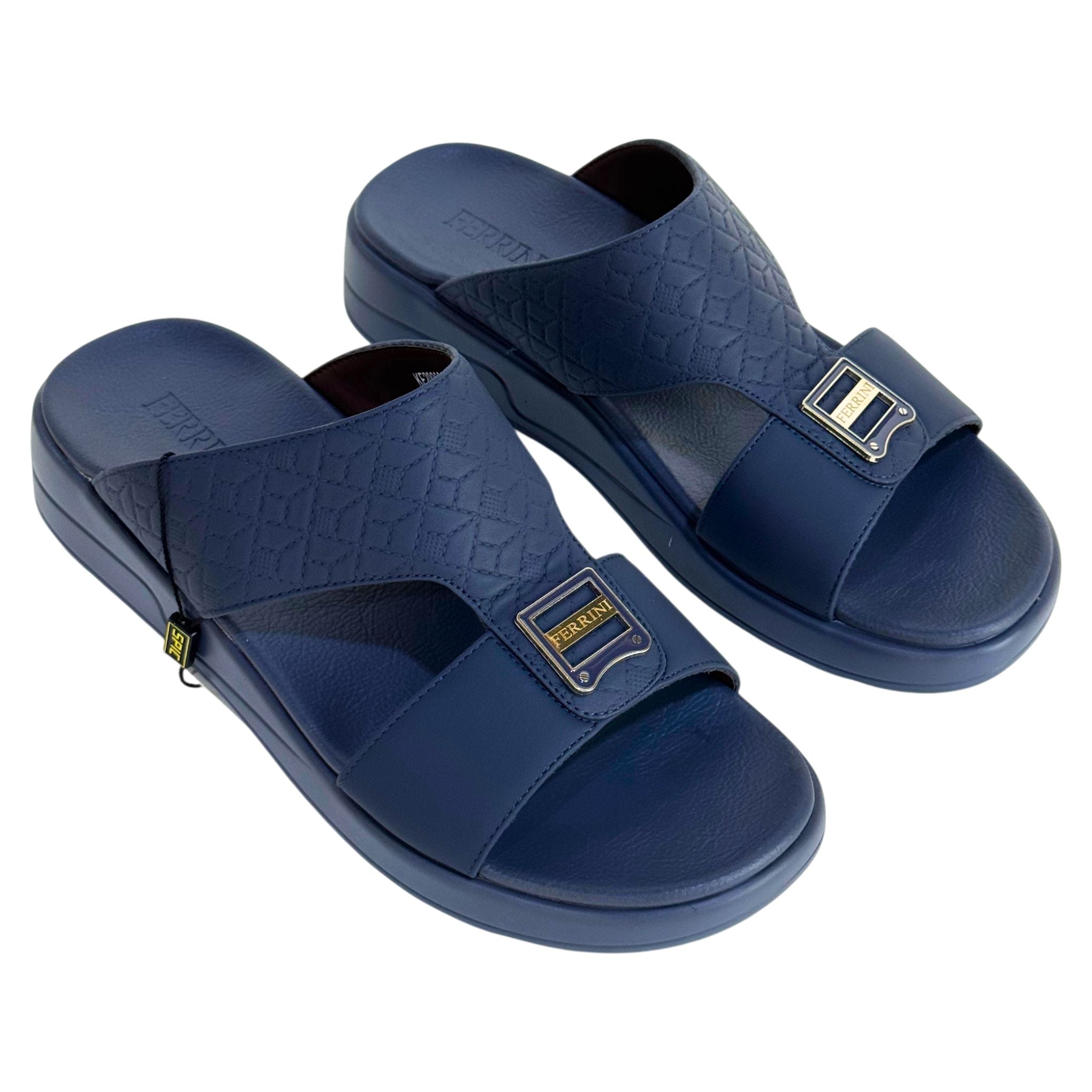 Pair of blue sandals with a brand logo on a white background