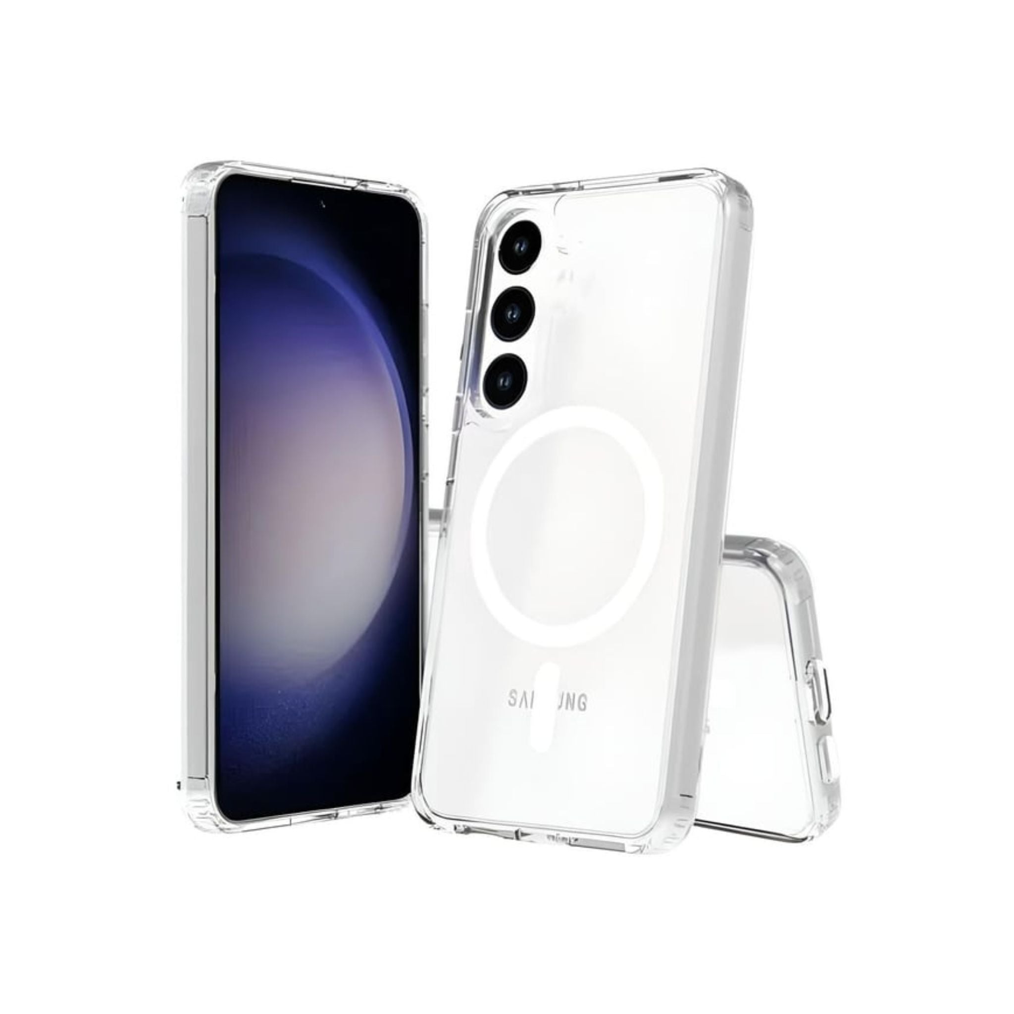 A clear, transparent MagSafe crystal case for the Samsung Galaxy S24 series, showing the front and back of the case with the phone partially visible.