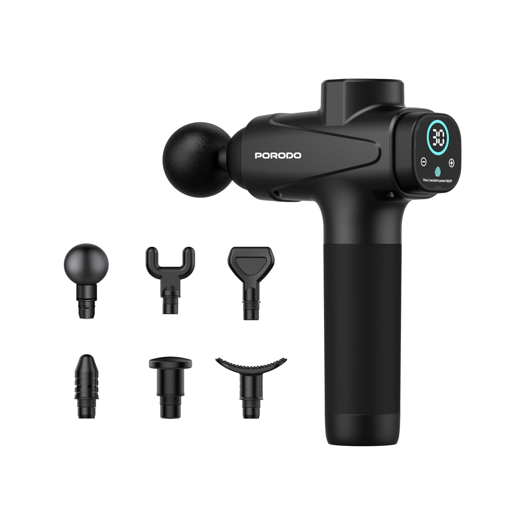 Porodo Multi-Head Deep Massage Gun, 30×Speed Levels, 6×Massage Heads, 3Hrs Working Time, Touch Display, Deep Tissue Pain Relief, Handheld Muscle Massager for Neck/Shoulders/Back/Arms/Legs – Black