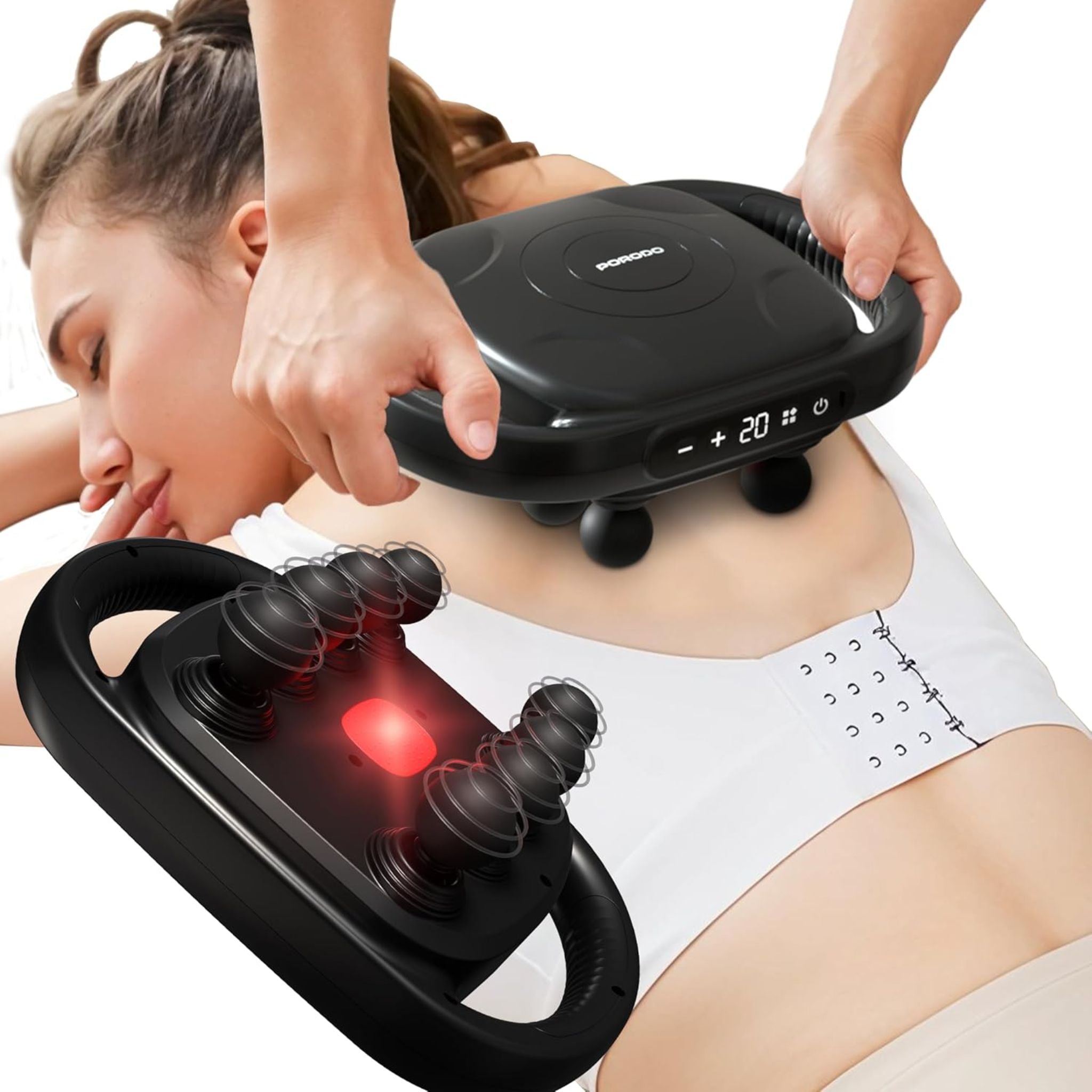 Porodo Power Pulse 8-Head Massage Gun, Rechargeable Deep Tissue Massager, Red Light Therapy, Pain Relief Massage, 9 Adjustable Intensity, in Neck, Back, Leg, Shoulder, Body, for Relaxation & Recovery