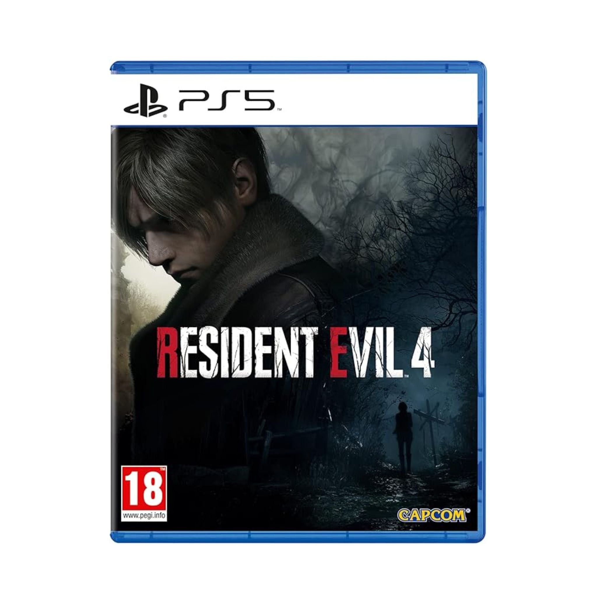 PlayStation 5 game case for 'Resident Evil 4' with a dark forest scene and character silhouette.