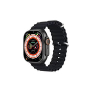 A black Modio smartwatch with a digital display and a black band. The watch has a sporty design with a textured case and a buckle clasp.