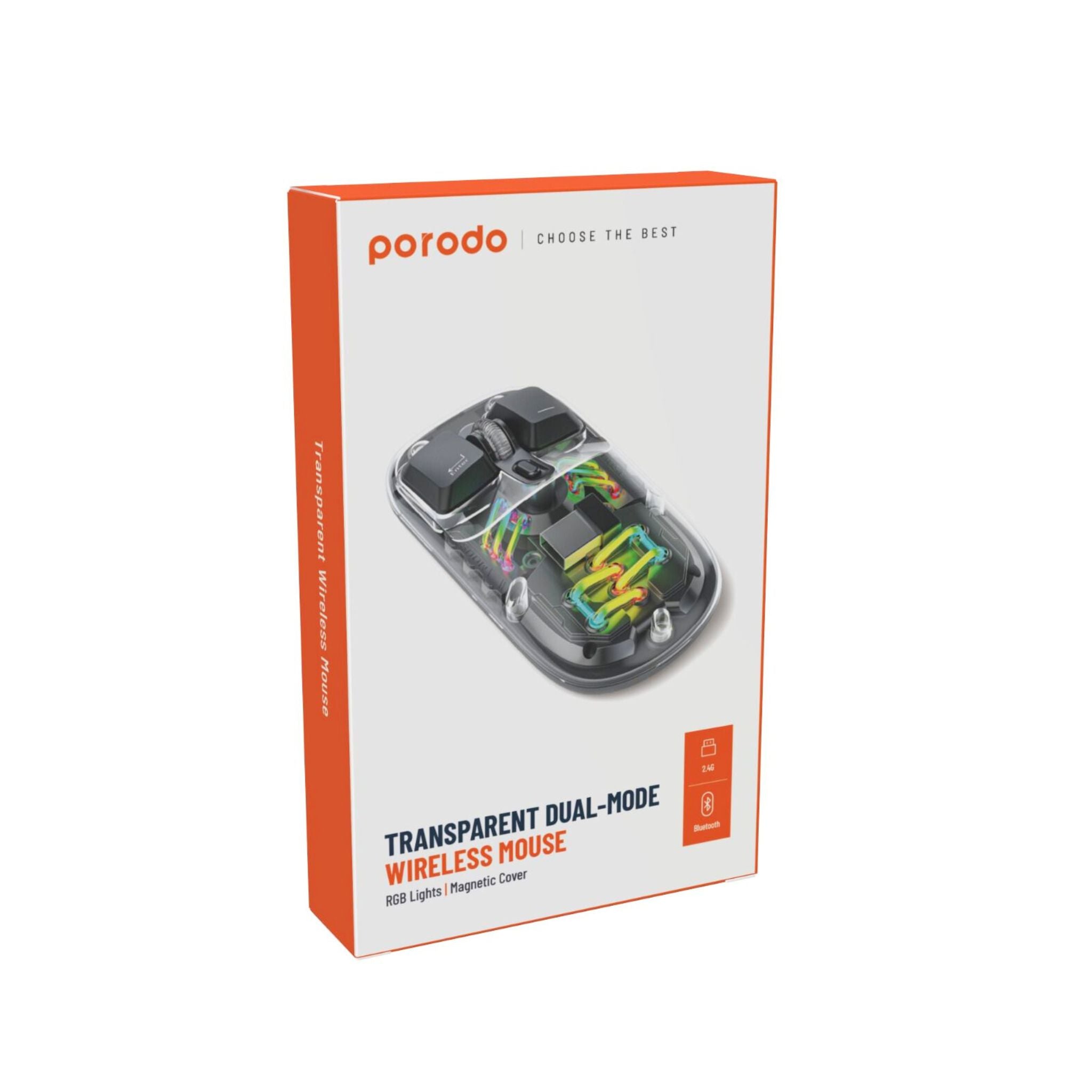 Porodo Transparent Dual-Mode Wireless Mouse with Adjustable DPI Up to 1600, RGB Lights, 400mAh Battery Capacity, Wireless 2.4 GHz & Bluetooth Connections - Black