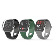 Three smartwatches with black straps and a digital display, available in black, green, and gray colors.