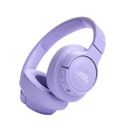 A pair of purple JBL Tune 720BT wireless over-ear headphones with a foldable design and a charging cable.