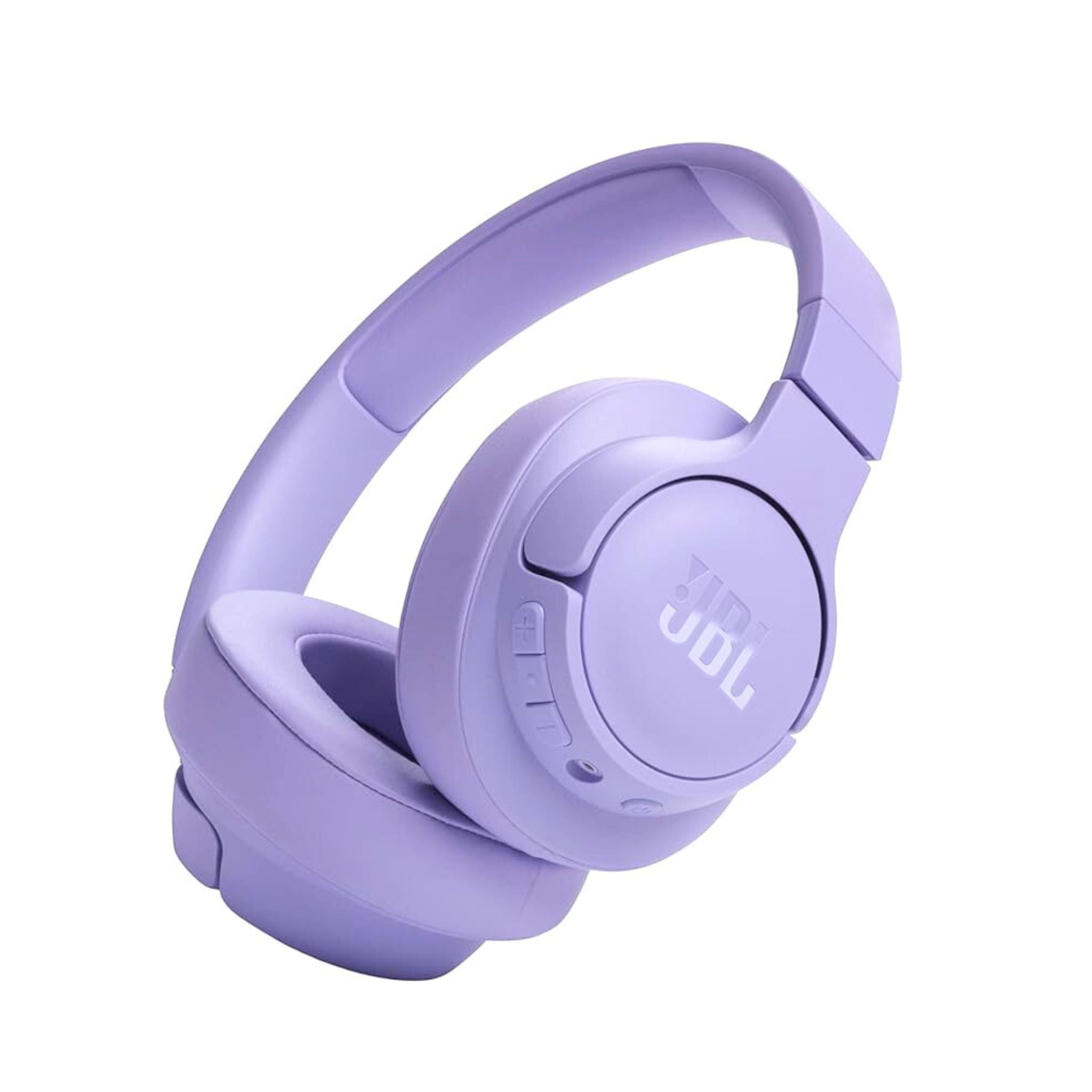A pair of purple JBL Tune 720BT wireless over-ear headphones with a foldable design and a charging cable.