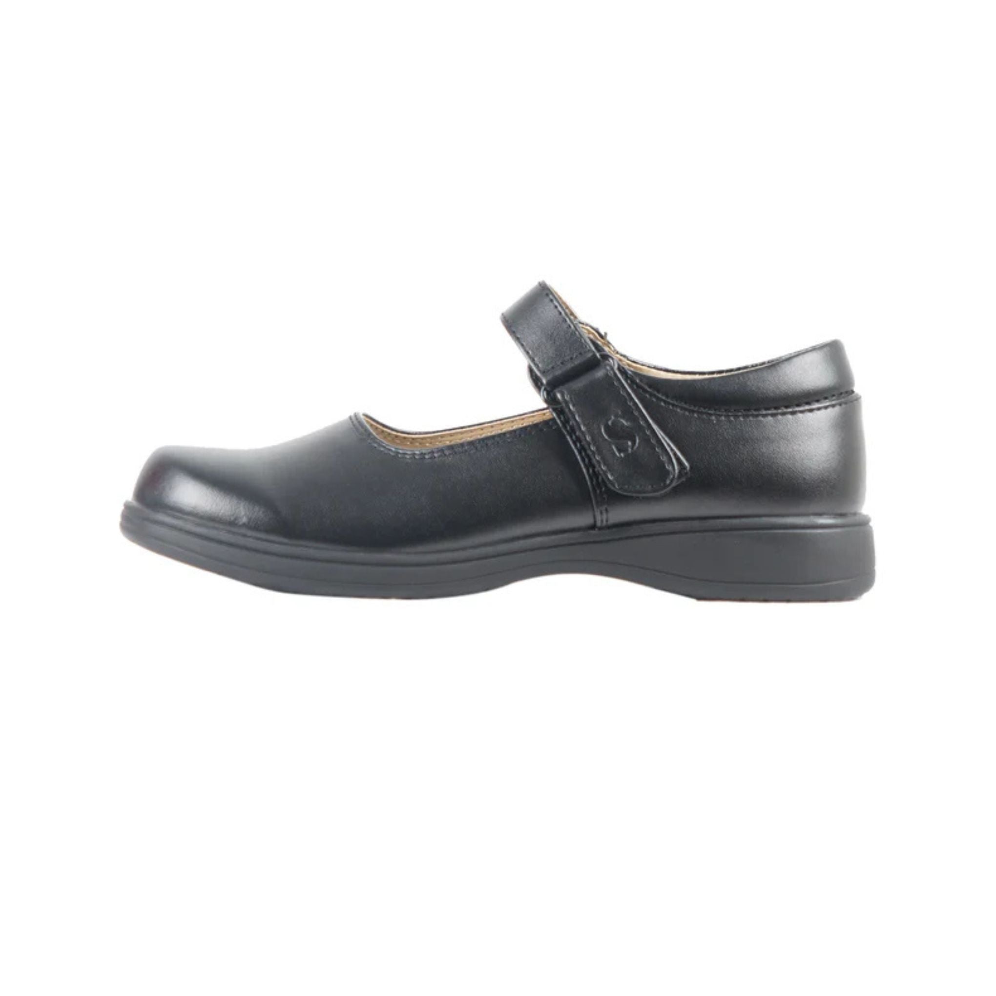 Black school shoe with a strap on a white background